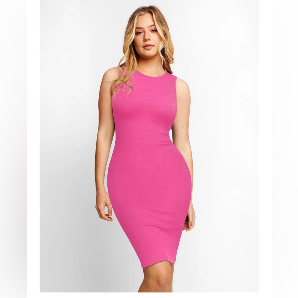 Popilush Pink Shapewear crewneck sleeveless midi dress